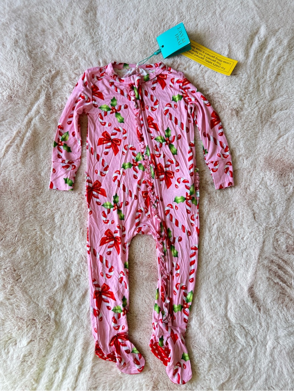 NWT Posh Peanut Helen Footie Ruffle Zipper One piece Candy Cane Size 12-18months